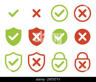 Coche verte, croix rouge ensemble d'icônes. Symboles de tiques isolés, affiches de liste de contrôle, badge d'approbation. Motif à carreaux plat et moderne, illustration vectorielle Illustration de Vecteur