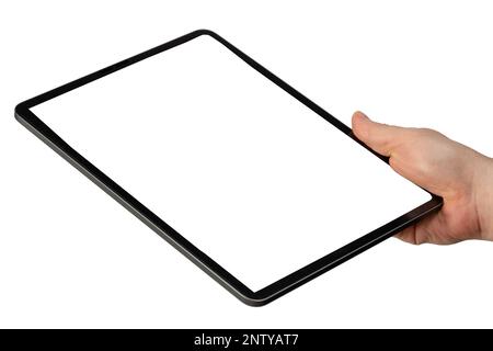 Tablette en position verticale main avec écran propre vue rapprochée isolée Banque D'Images