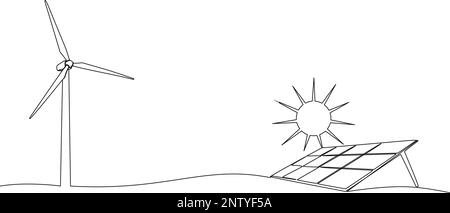 dessin continu d'une seule ligne de l'énergie solaire et de l'énergie éolienne concept, dessin vectoriel de ligne d'art Illustration de Vecteur