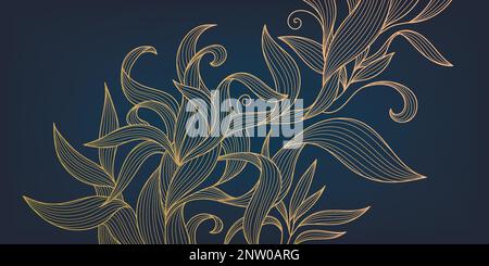 Motif de fleur de luxe art déco vectoriel, fond doré. Plantes ondulées dessinées à la main pour l'emballage, les médias sociaux poste, couverture, bannière, poste créatif Illustration de Vecteur
