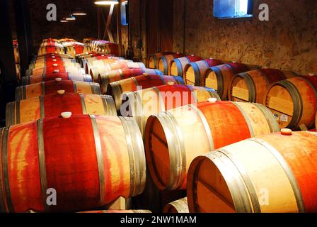 Barils de vin âge dans un sous-sol Banque D'Images