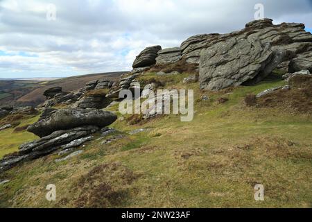 Vue printanière de Honeybag tor, Dartmoor, Devon, Angleterre, Royaume-Uni Banque D'Images