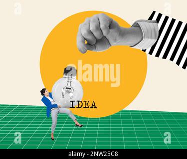 Conception conceptuelle. Collage d'art contemporain. Jeune femme ambitieuse, employé ayant une grande idée rentable. Nouvelle stratégie Banque D'Images