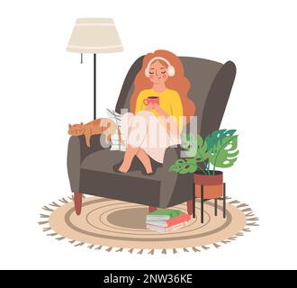 Les gens à la maison passe-temps, fille assis dans la chaise avec chat et tasse Illustration de Vecteur