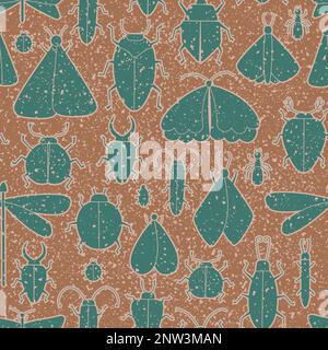 Couleurs vintage tendance motif vectoriel sans couture avec silhouette d'insectes grunge. Papillon, libellule, ant, coccinelle, cafard. Illustration de Vecteur