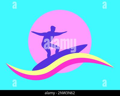 Silhouette d'un surfeur sur une planche de surf sur fond de soleil dans le style du 80s. Promenade à vagues, loisirs actifs. Design pour bannières, p Illustration de Vecteur