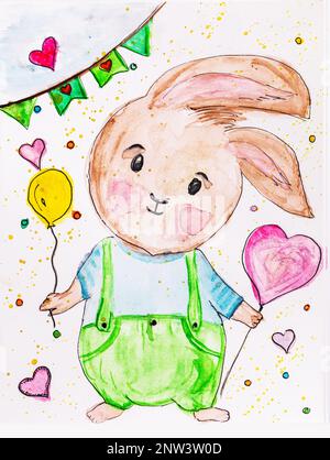 Aquarelle aquarelle peinture de joli lapin sur toile avec coeurs d'amour, splatters et ballon à la main Banque D'Images