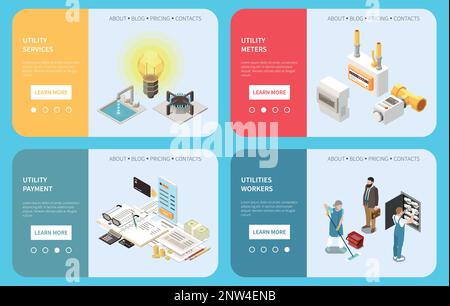 Illustration vectorielle isolée de l'ensemble de bannières isométriques des dépenses d'utilité avec paiements de service et fournitures ménagers Illustration de Vecteur
