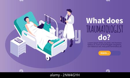 Banderole horizontale de traumatologue représentant le travail d'un spécialiste médical chez des patients souffrant de lésions osseuses illustration vectorielle isométrique Illustration de Vecteur
