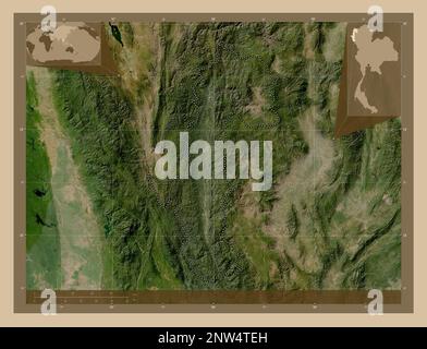 Mae Hong son, province de Thaïlande. Carte satellite basse résolution. Cartes d'emplacement auxiliaire d'angle Banque D'Images