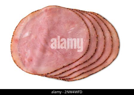 Tranches de jambon fumé aromatisées au poivre isolées sur du blanc avec passe-cheveux inclus Banque D'Images