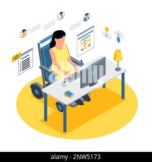 Technologie isométrique pour la composition des personnes handicapées avec vue de la femme sur fauteuil roulant travaillant à la table illustration vectorielle Illustration de Vecteur