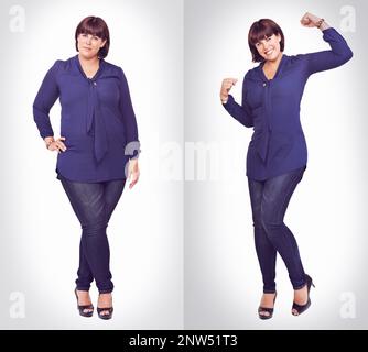 Elle a atteint son objectif. Portrait d'une jolie jeune femme avec sa main sur la hanche, debout sur un fond blanc. Banque D'Images