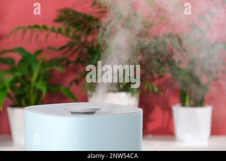 L'humidificateur à ultrasons libère de la vapeur froide. Soin et hydratation des plantes à l'air sec. Humidificateur dans la chambre pour la toux et la sécheresse. Banque D'Images