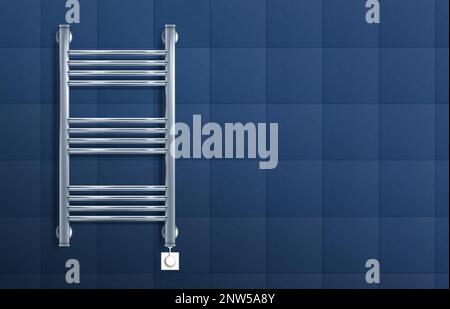Intérieur de la salle de bains avec porte-serviette chauffant en argent chromé sur un mur bleu carrelé illustration réaliste de vecteur Illustration de Vecteur