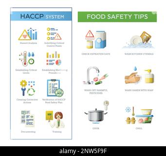 Kit de sécurité alimentaire HACCP avec icônes isolées et pictogrammes de danger avec catégories et légendes de texte modifiables illustration vectorielle Illustration de Vecteur