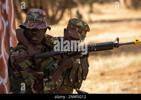 Un soldat des Forces de défense kenyanes évacue une victime notionnelle au cours d'un exercice d'entraînement situationnel à l'Accord 2023 justifié à Isiolo, Kenya, le 16 février 2023. L'Accord 23 justifié est un exercice clé pour la préparation des États-Unis et des partenaires car il permet aux forces de s'entraîner et de fonctionner comme une force conjointe et combinée tout en permettant la sécurité régionale de l'Afrique de l'est. Banque D'Images