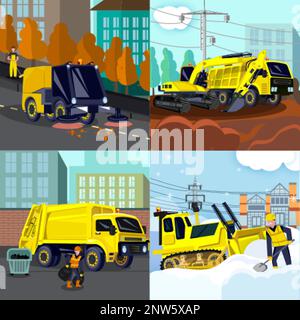 Service municipal nettoyage de route de transport jeu plat de quatre compositions carrées avec paysages urbains et illustration de vecteur de véhicules Illustration de Vecteur