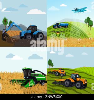 Les machines agricoles transportent un jeu plat de quatre compositions carrées avec des paysages de champ et de ferme avec illustration vectorielle de véhicules Illustration de Vecteur