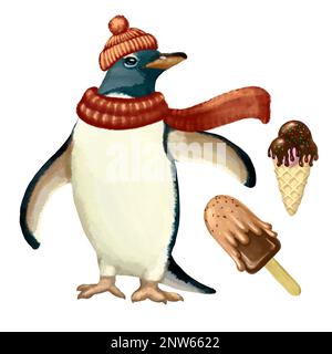 Illustration d'un pingouin drôle avec de la crème glacée. Illustration de haute qualité Banque D'Images