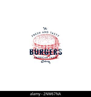 Logo Burger, icône de badge Retro, illustration de la restauration rapide avec emblème Hipster, livraison de Burger. Illustration de Vecteur