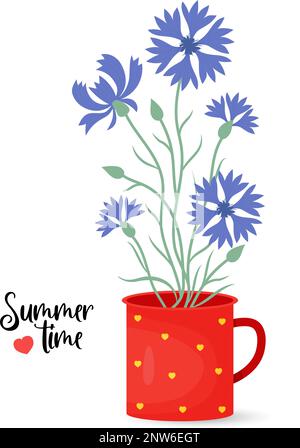 Bouquet de fleurs de maïs bleues. Belles fleurs dans la tasse. Affiche l'heure d'été. Illustration vectorielle. Fleurs sauvages bleues pour le design et la décoration, les imprimés, les cartes postales Illustration de Vecteur