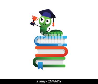 Worm Holding Trophée sur les piles de livres comme symbolisation de Bookworm ou des personnes qui aiment lire Illustration de Vecteur