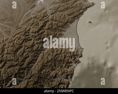 Yilan, comté de Taïwan. Carte d'altitude colorée en tons sépia avec lacs et rivières Banque D'Images