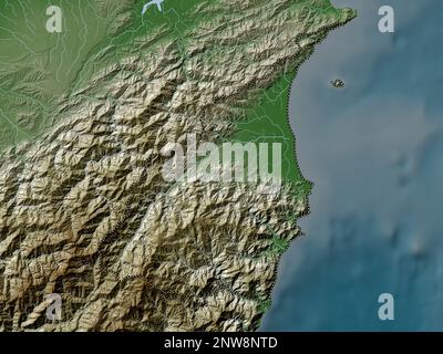 Yilan, comté de Taïwan. Carte d'altitude colorée en style wiki avec lacs et rivières Banque D'Images