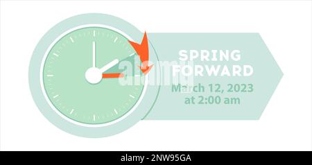 Bannière Web Spring Forward. Programmation de l'heure d'été sous forme graphique. L'horloge change une heure à l'avance pour passer à l'heure d'été Illustration de Vecteur