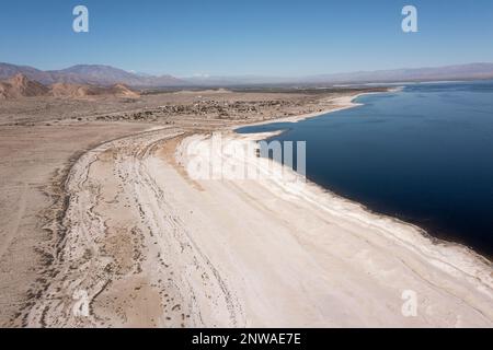 La mer de Salton en Californie se rétrécit rapidement en raison d'une sécheresse persistante. Les toxines dans le lit lacéré nouvellement exposé ont créé une crise majeure de santé publique. Banque D'Images