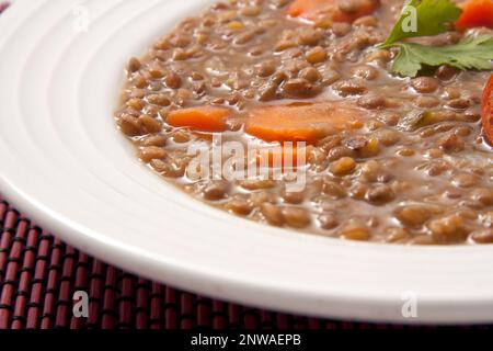 Lentejas con chorizo. Lentilles compotées avec de la saucisse rouge. Cuisine espagnole. Banque D'Images