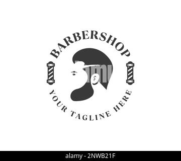 Logo barbershop avec barre de coiffeur. Barbe rasage hommes coiffeur, coupe de cheveux magasin de coiffure logo. Symbole du salon de coiffure. Étiquette et badge du salon de coiffure. Illustration de Vecteur