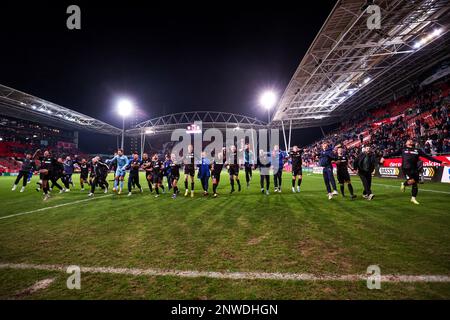 UTRECHT, PAYS-BAS - FÉVRIER 28: Les joueurs de SV Spakenburg sont heureux lors du match de finale de la coupe Toto KNVB néerlandaise entre le FC Utrecht et SV Spakenburg au Stadion Galgenwaard sur 28 février 2023 à Utrecht, pays-Bas (photo de Ben gal/Orange Pictures) Banque D'Images