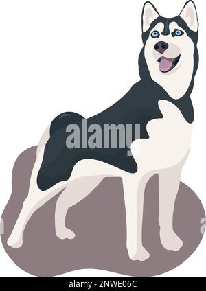 Vector noir et blanc chien Husky sibérien debout et souriant, langue pendante. Mignon animal de compagnie de dessin animé. Animal domestique Illustration de Vecteur