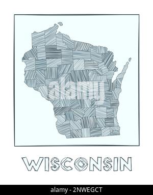 Croquis carte du Wisconsin. Carte dessinée à la main en niveaux de gris de l'État américain. Zones remplies de rayures hachurées. Illustration vectorielle. Illustration de Vecteur
