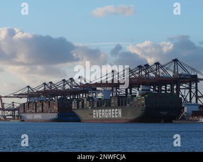 Deux navires actuellement dans les 10 plus grands navires à conteneurs, chacun étant bon pour environ 20,000 conteneurs de pleine taille, amarré à côté d'ea Banque D'Images