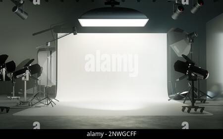 Une salle de studio photo avec un fond blanc et divers équipements d'éclairage. 3D illustration. Banque D'Images