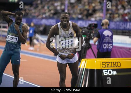 Grant Holloway (États-Unis) remporte les 60m haies des hommes lors de la finale de la tournée intérieure mondiale de Birmingham à l'Utilita Arena, Birmingham, le samedi 25th février 2023. (Photo : Pat Scaasi | ACTUALITÉS MI) crédit : ACTUALITÉS MI et sport /Actualités Alay Live Banque D'Images