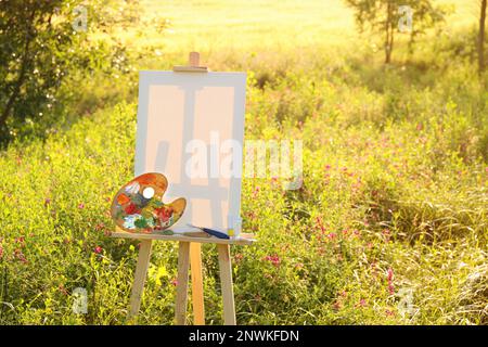 Chevalet en bois avec toile vierge et équipement de peinture dans la prairie. Espace pour le texte Banque D'Images