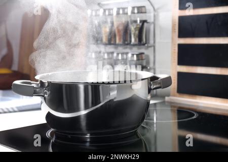 Four à vapeur sur cuisinière électrique dans la cuisine Banque D'Images