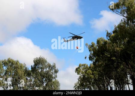 L'un des deux BLACKHAWKS UH-60 de la brigade 25th d'aviation de combat (CAB) de la division d'infanterie 25th d'Oahu a fourni un soutien pendant l'incendie du complexe de zone de manœuvre de 12-15 février Keamuku aux États-Unis Aire d'entraînement de la garnison de l'armée Pōhakuloa. Banque D'Images