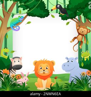 Animal sauvage dans la jungle avec espace de copie carré . Style enfants . Vecteur . Illustration de Vecteur