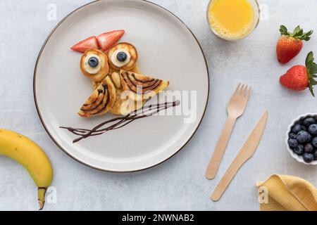 Une assiette de crêpes en forme de chouette servie avec des fruits et du jus. Banque D'Images