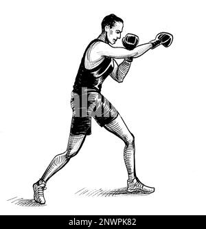 L'athlète de boxe. Dessin noir et blanc Encre Banque D'Images