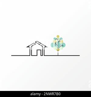 Simple et unique maison et arbre sur une ligne plate image graphique icône logo design abstrait concept vecteur stock. symbole lié à l'environnement ou à la maison Illustration de Vecteur