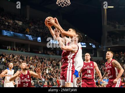 RIGA, LETTONIE. 27th février 2023. Lettonie contre Grèce, match de qualification de la coupe du monde de basket-ball de la FIBA. Banque D'Images