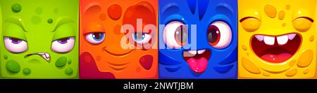 Visages carrés amusants de personnages de monstre de dessin animé. Avatars abstraits avec des émotions différentes. Portraits comiques mignons de gens en colère, heureux, fous et rires, illustration vectorielle Illustration de Vecteur