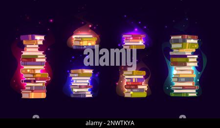 Ensemble de piles de livres de sorts magiques illuminant sur fond sombre. Illustration vectorielle de la littérature sorcellerie avec des sparkles effrayants qui volent autour. Ancienne source de connaissances. Passe-temps de lecture Illustration de Vecteur