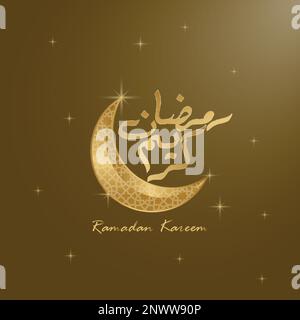 Salutation de Kareem de Ramadan, croissant de symbole islamique avec motif arabe - calligraphie de ligne et lanterne, arrière-plan illustration moderne Illustration de Vecteur